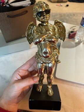 Gold Cherub Angel Statue on Black Base